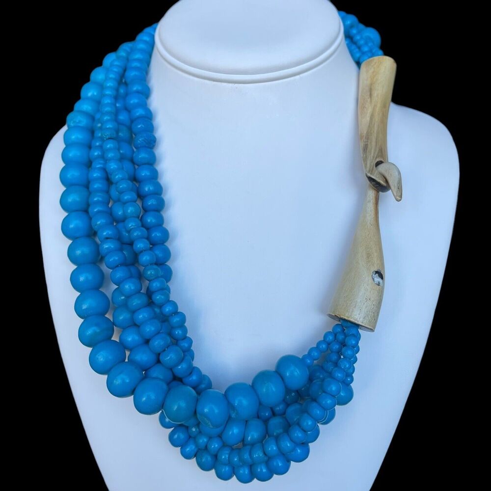 Multi 5 Strand Dyed Turquoise Color Wooden Bead Statement Necklace Boho
